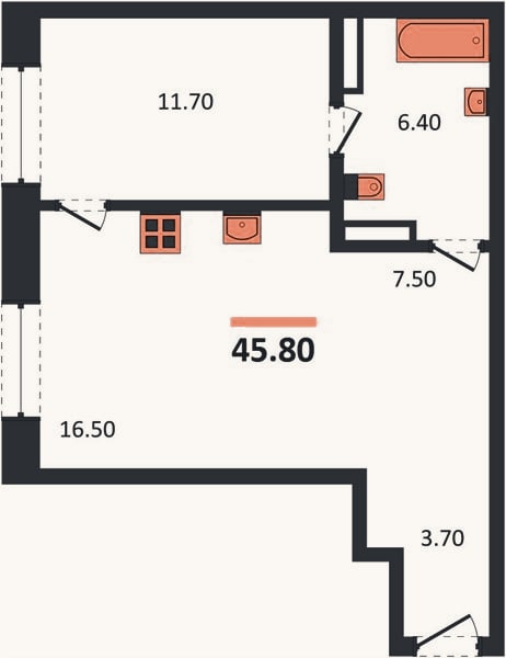 Планировка: 1-к, 45,8 м²