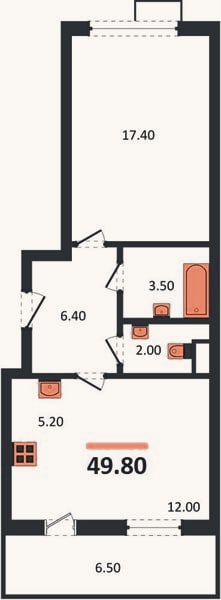 Планировка: 1-к, 49,6 м²