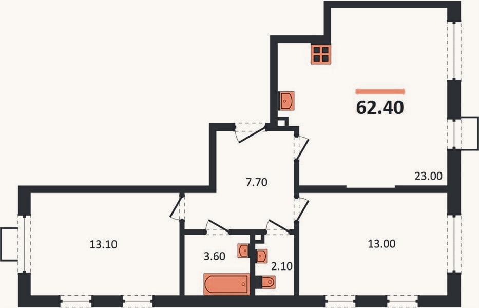 Планировка: 2-к, 62,4 м²