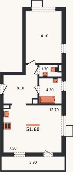Планировка: 1-к, 51,6 м²