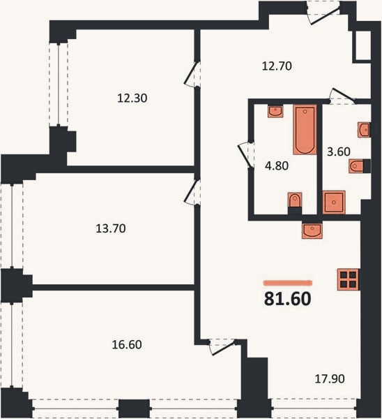 Планировка: 3-к, 81,6 м²