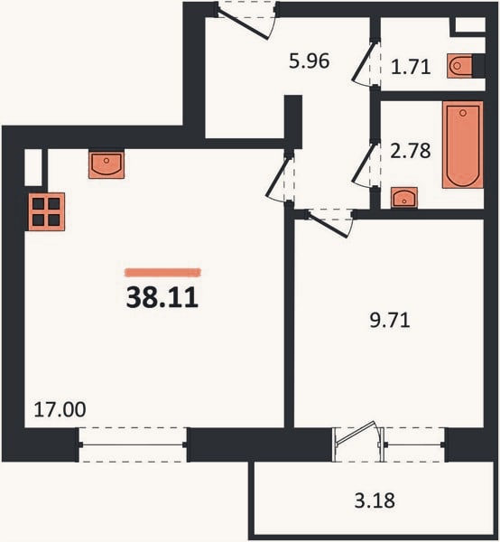 Планировка: 1-к, 37,2 м²