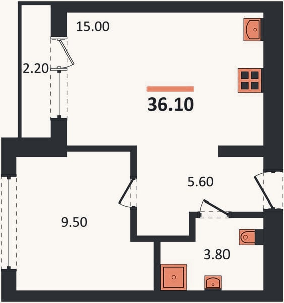 Планировка: 1-к, 36,1 м²