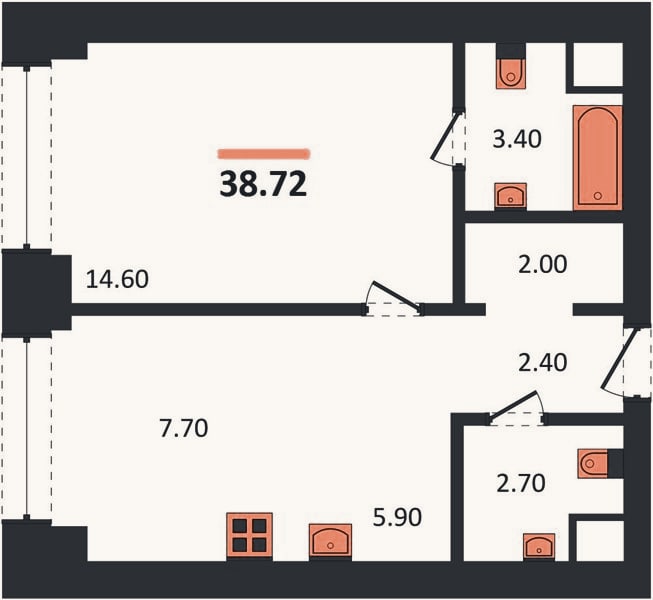 Планировка: 1-к, 38,7 м²