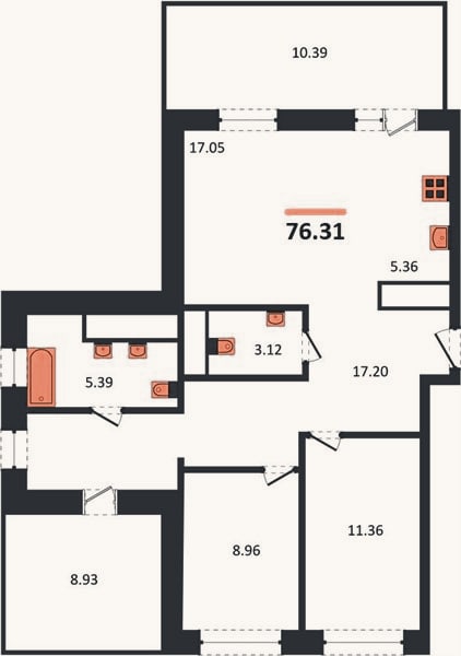 Планировка: 2-к, 76,3 м²