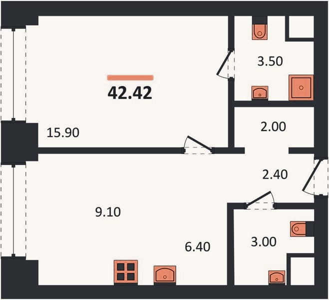 Планировка: 1-к, 39,5 м²