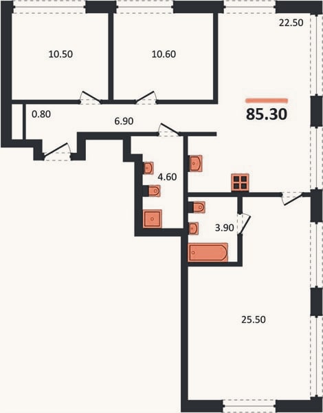 Планировка: 3-к, 86,4 м²