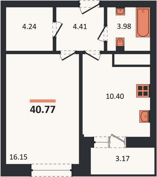 Планировка: 1-к, 40,8 м²