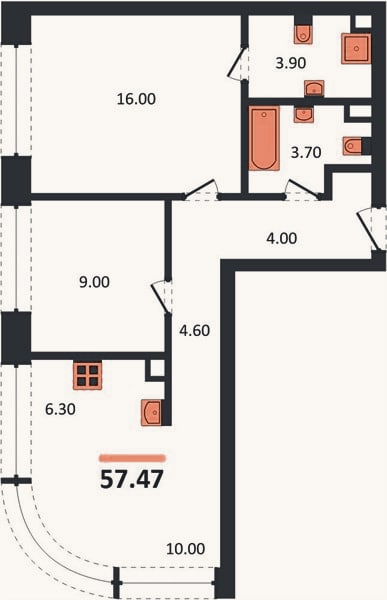 Планировка: 2-к, 57,5 м²