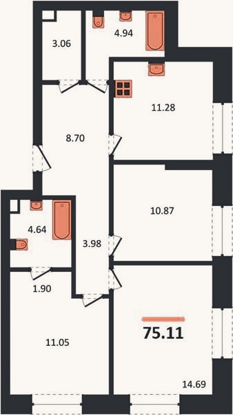 Планировка: 3-к, 75,1 м²