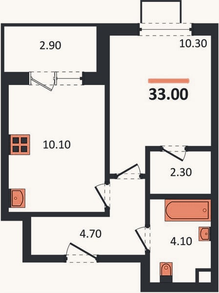 Планировка: 1-к, 33 м²