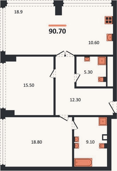 Планировка: 2-к, 90,7 м²
