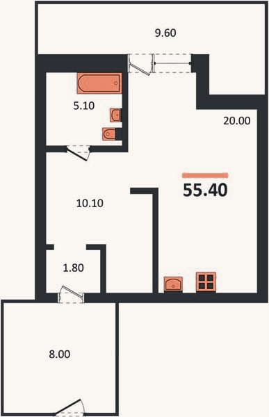 Планировка: Студия, 55,4 м²