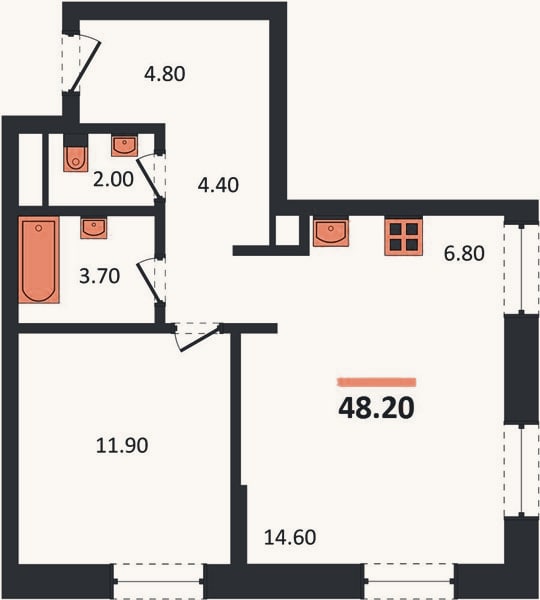 Планировка: 1-к, 48,2 м²