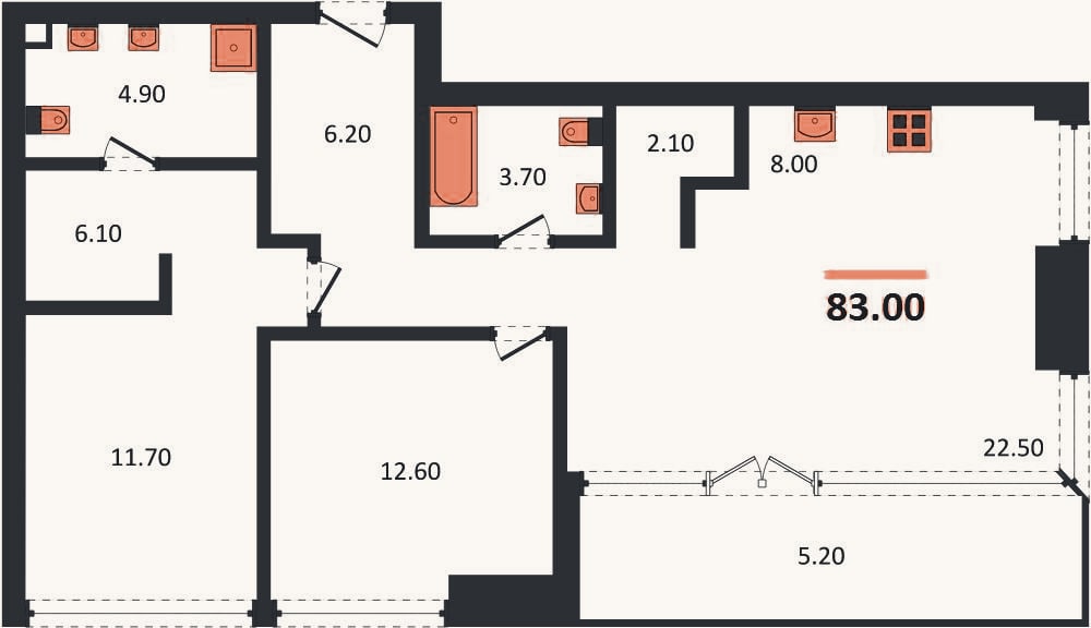 Планировка: 2-к, 83 м²