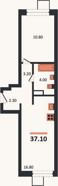 Планировка: 1-к, 37,1 м²