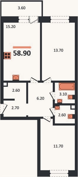 Планировка: 2-к, 59,2 м²