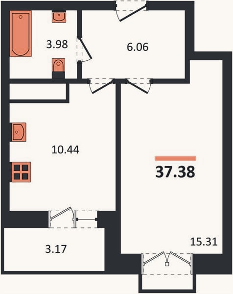 Планировка: 1-к, 37,4 м²