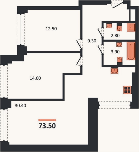 Планировка: 2-к, 73,5 м²