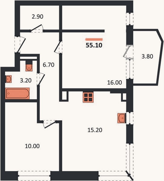 Планировка: 2-к, 55,1 м²