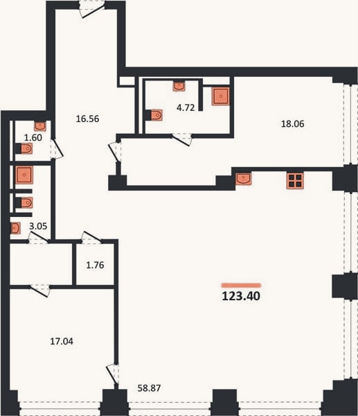 Планировка: 2-к, 123,4 м²