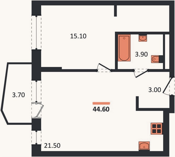 Планировка: 1-к, 44,6 м²