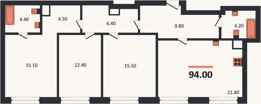 Планировка: 3-к, 94 м²