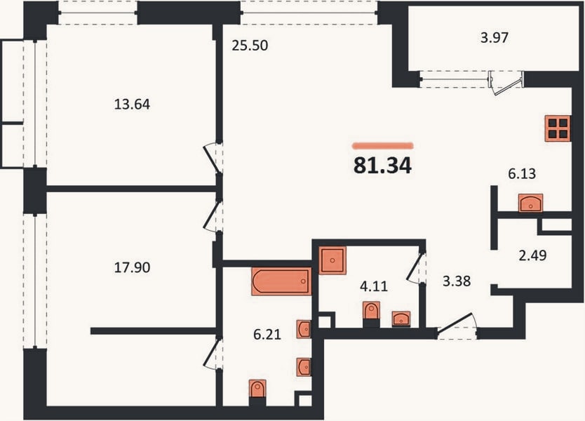 Планировка: 2-к, 81,3 м²