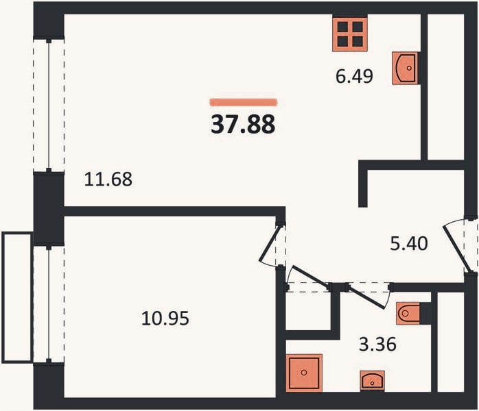 Планировка: 1-к, 37,9 м²
