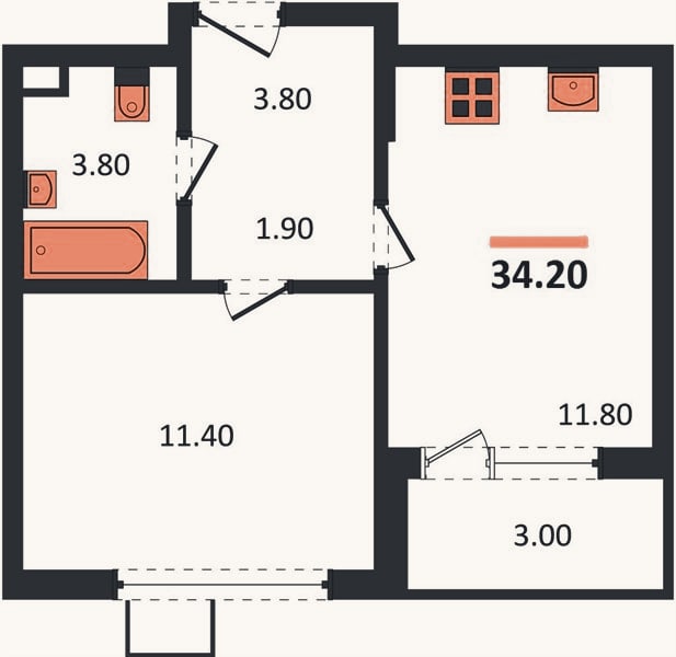 Планировка: 1-к, 34,2 м²