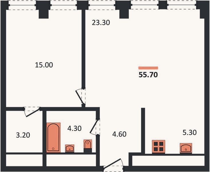 Планировка: 1-к, 55,7 м²