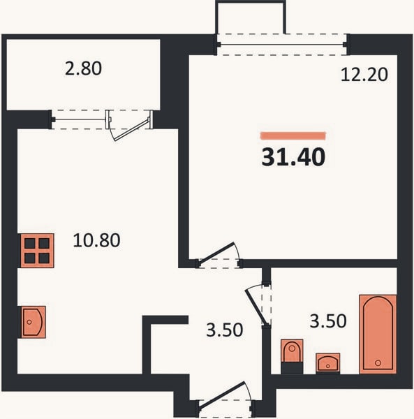 Планировка: 1-к, 31,4 м²