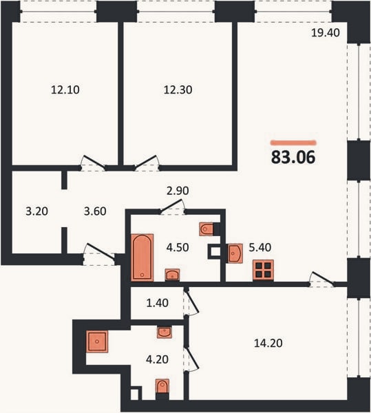 Планировка: 3-к, 81,8 м²