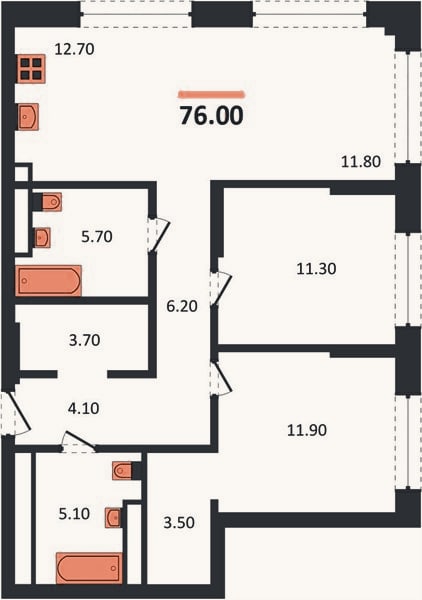 Планировка: 2-к, 76 м²