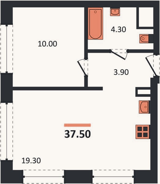 Планировка: 1-к, 37,5 м²