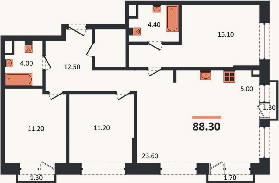 Планировка: 3-к, 88,3 м²