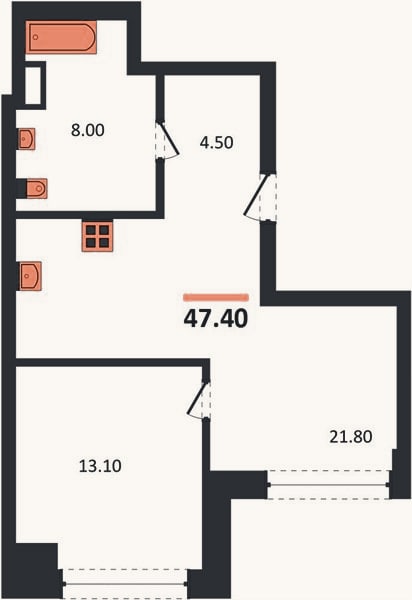 Планировка: 1-к, 47,4 м²