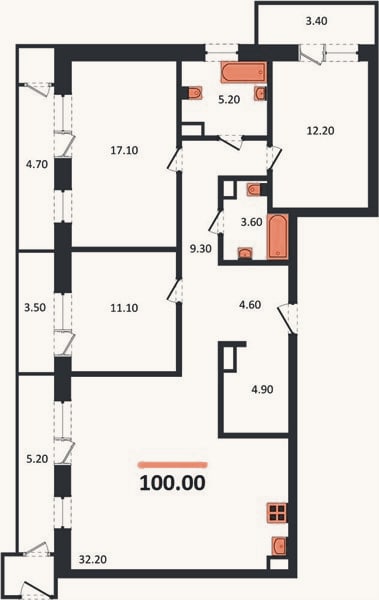 Планировка: 3-к, 100 м²