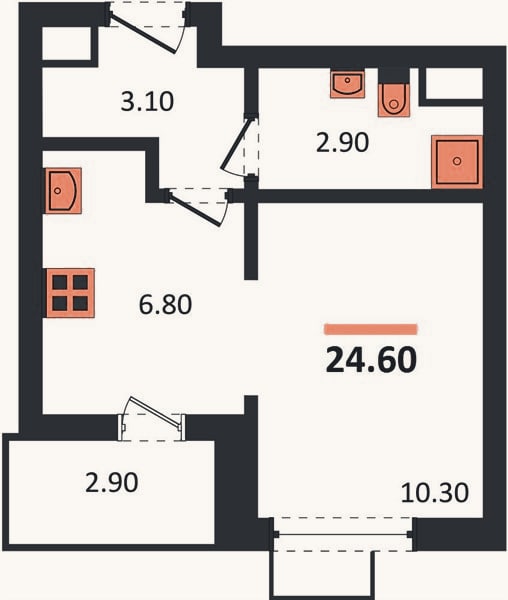 Планировка: 1-к, 25 м²
