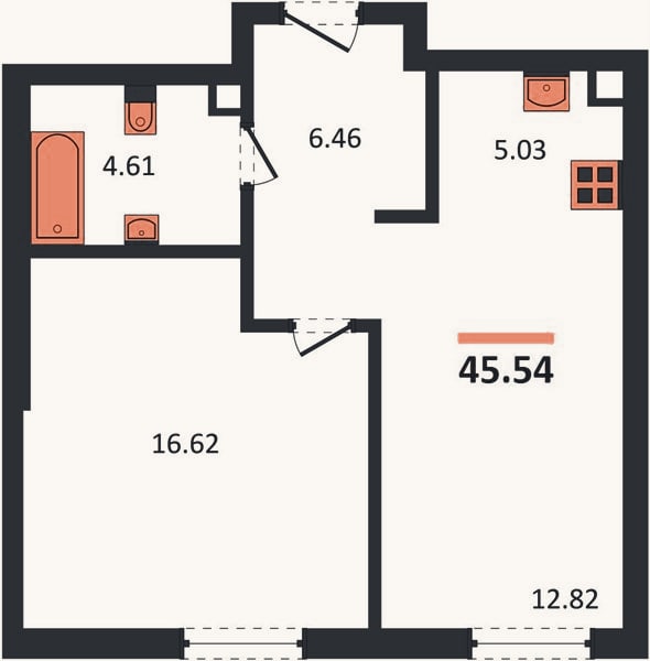 Планировка: 1-к, 45,5 м²