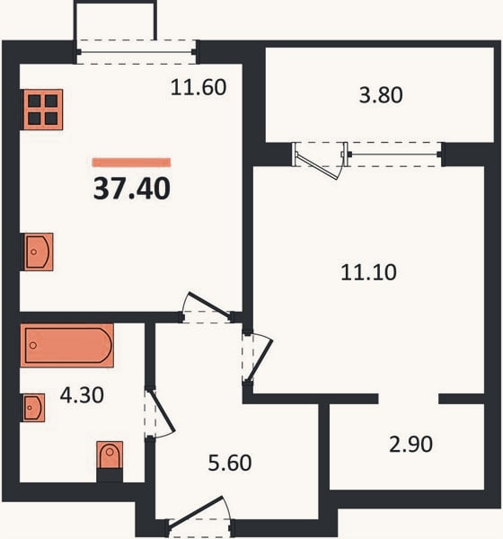 Планировка: 1-к, 37,4 м²