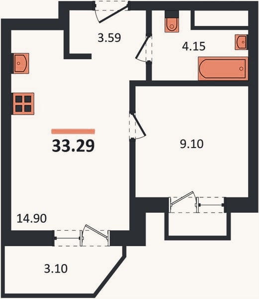 Планировка: 1-к, 33,3 м²