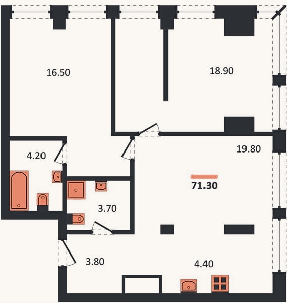 Планировка: 2-к, 71,3 м²