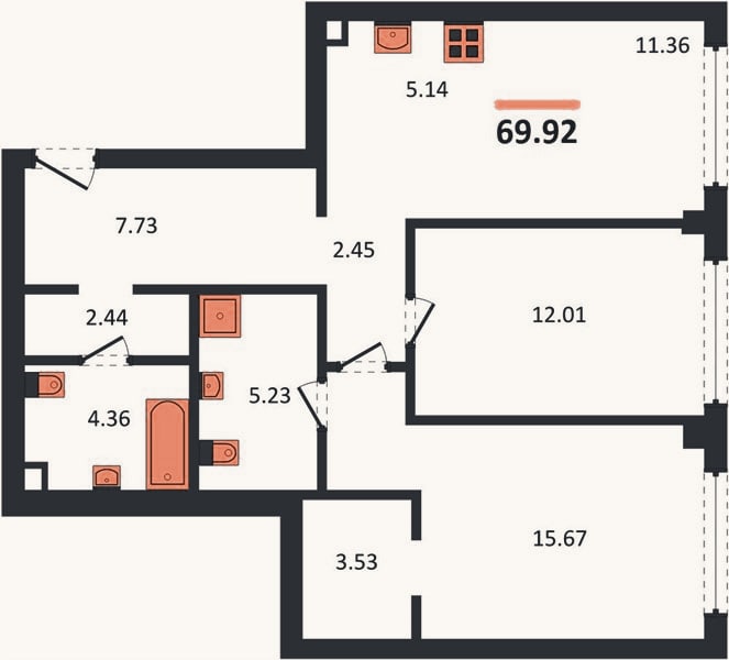 Планировка: 2-к, 69,9 м²