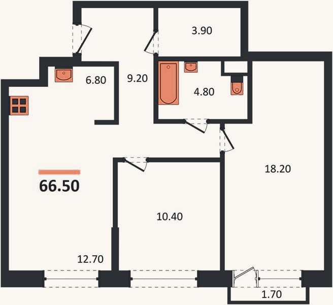 Планировка: 2-к, 66,5 м²