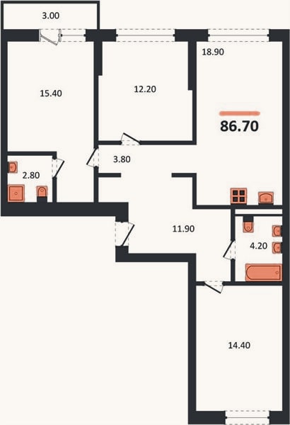 Планировка: 3-к, 86,7 м²
