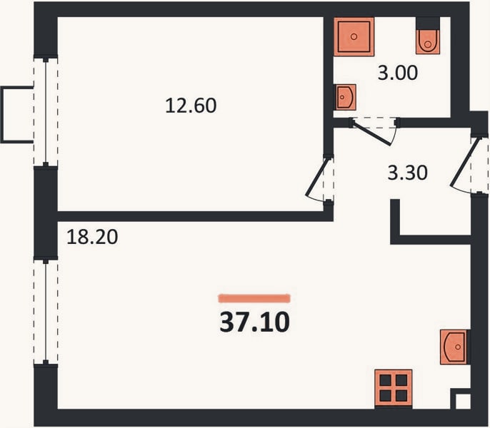 Планировка: 1-к, 37,1 м²