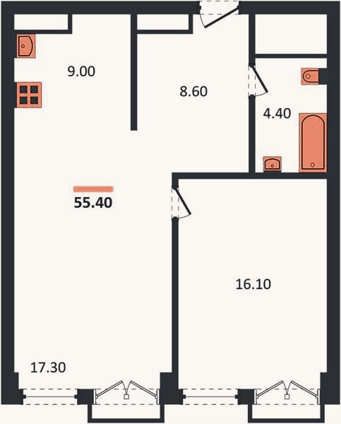 Планировка: 1-к, 55,4 м²