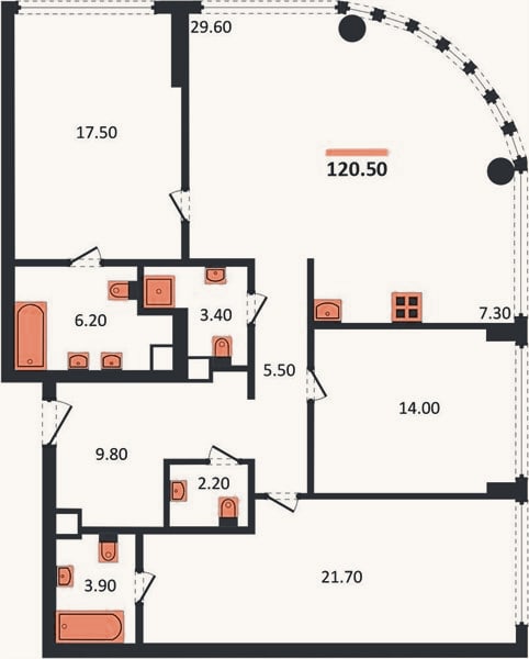 Планировка: 3-к, 120,5 м²