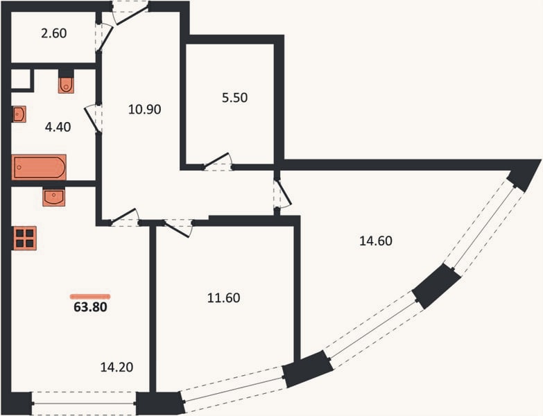 Планировка: 2-к, 63,8 м²